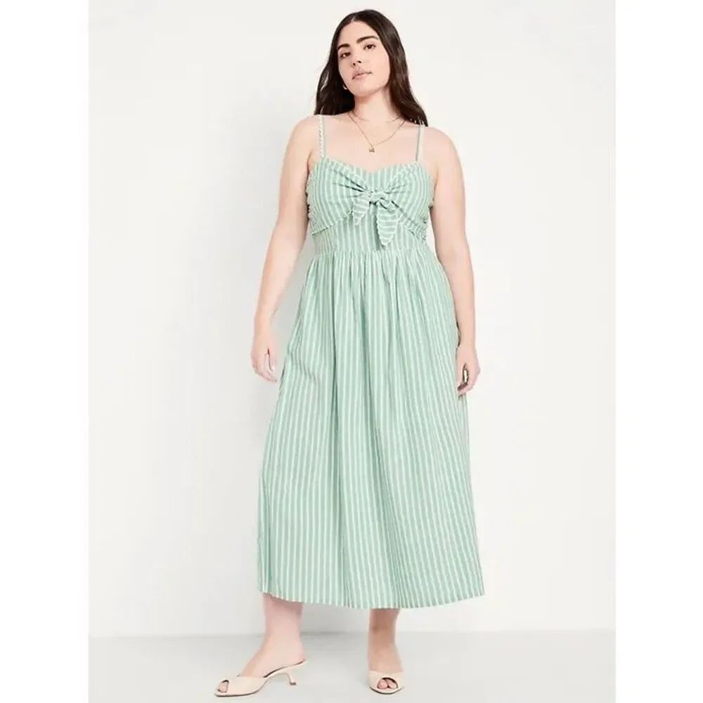 NWT! Old Navy Fit & Flare Tie-Front Seersucker Midi Dress Green Stripe Size XXL